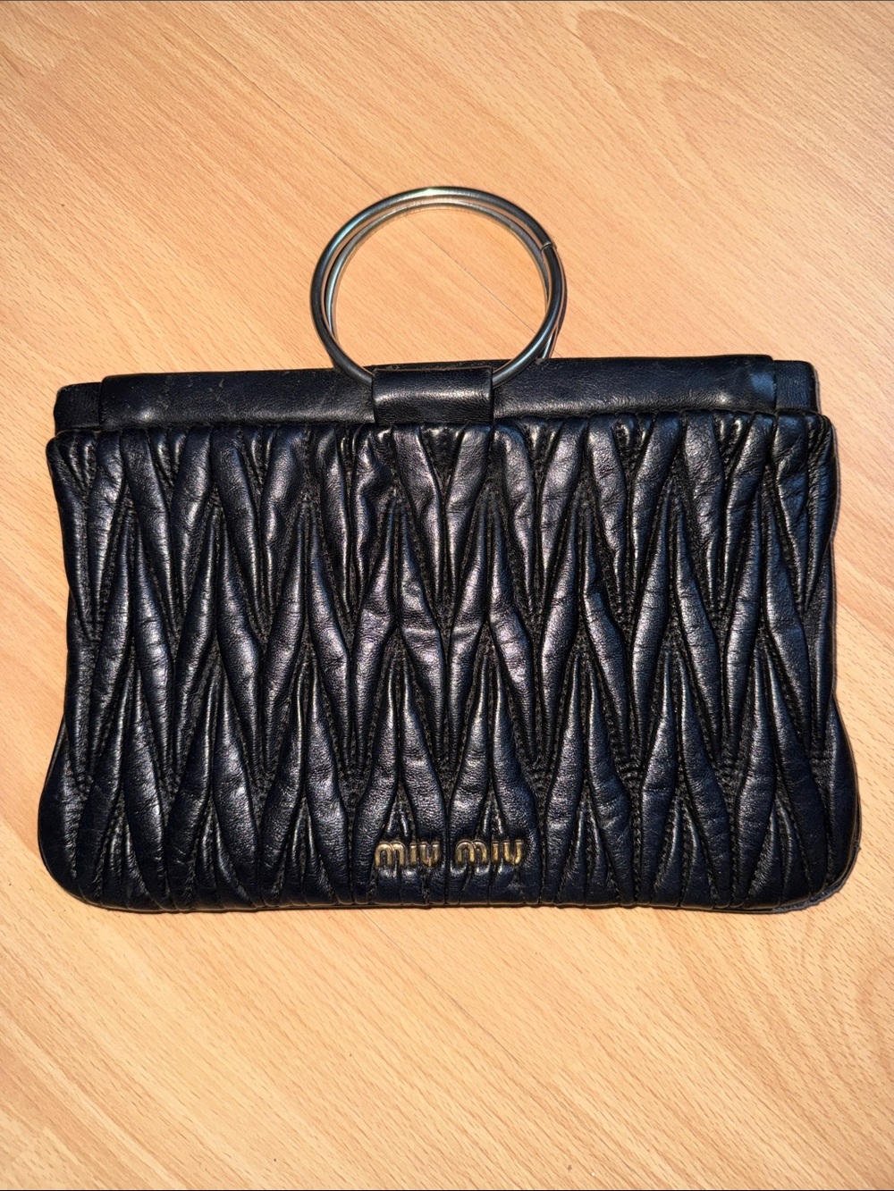 Miu Miu Black Quilted Matelassé Leather Clutch with Metal Rings